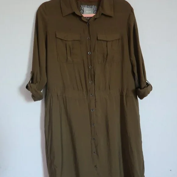 Anthropologie Maeve Olive Army Green Midi Drawstring Shirt Dress Size 4 Small - Picture 3 of 14